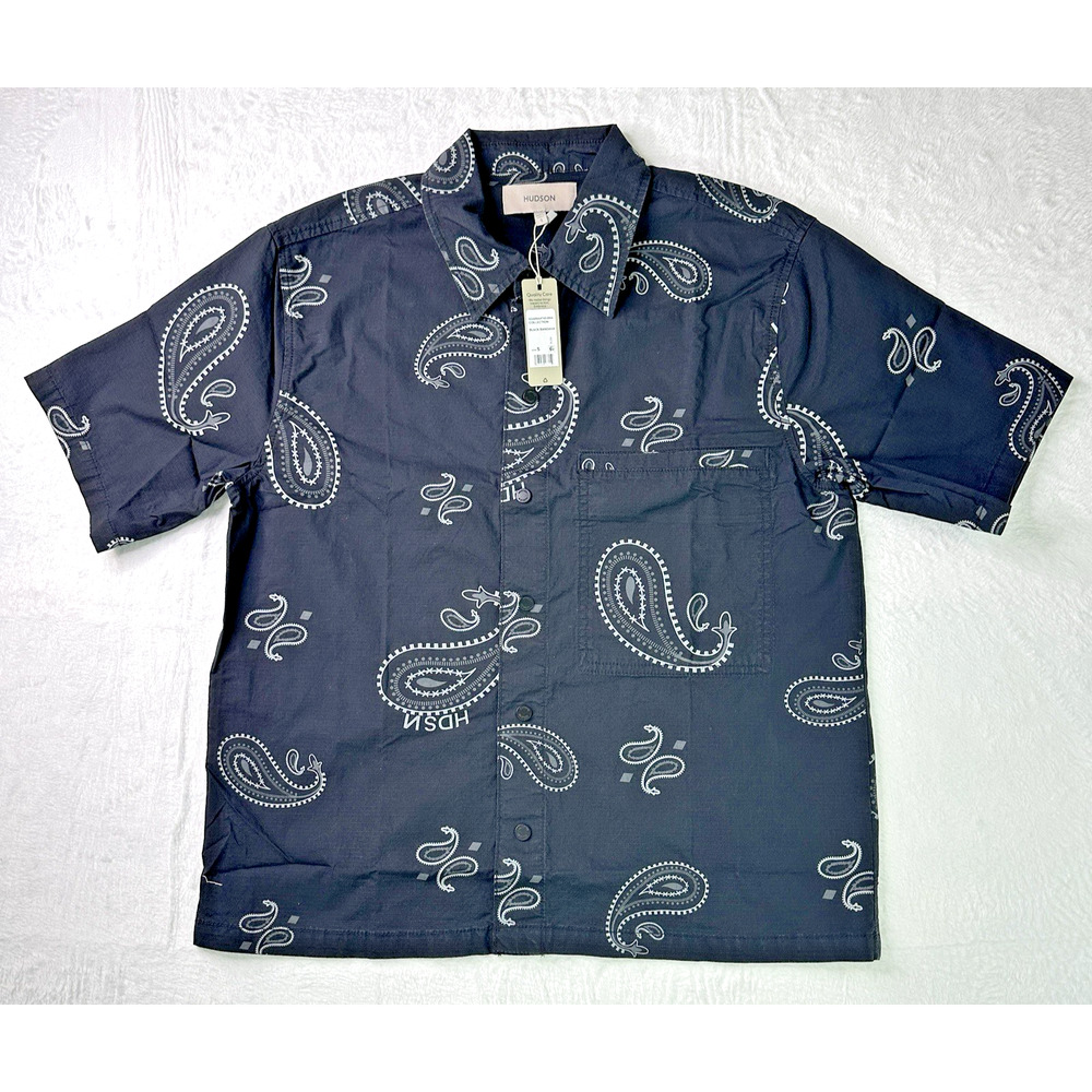 HUDSON Men's Cropped Short Sleeve Button Down Shirt, Black Bandana, S